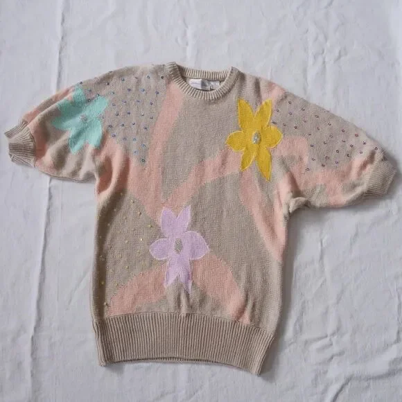 Sweet 80s floral intarsia sequined longline sweater‎ - Picture 3 of 8